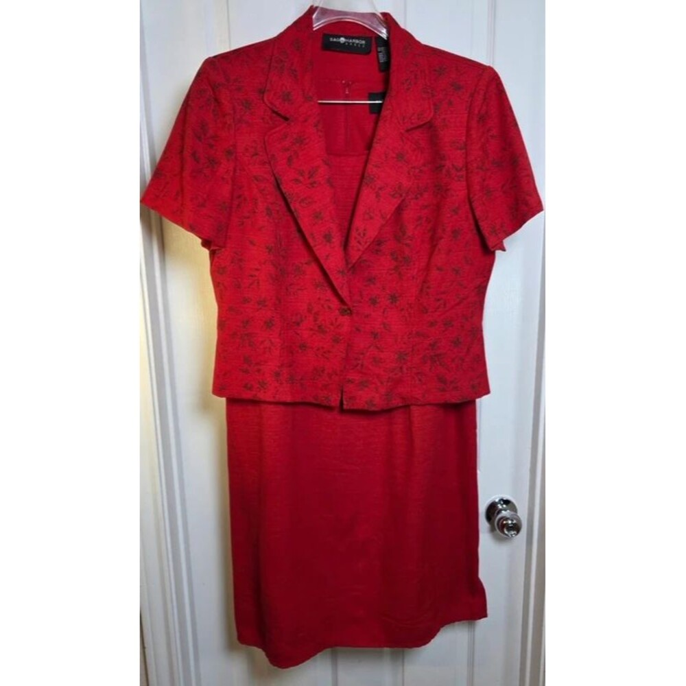 Sag Harbor Dress & Jacket Set Red Floral Short Sleeve Blazer Sheath Dress Sz 14